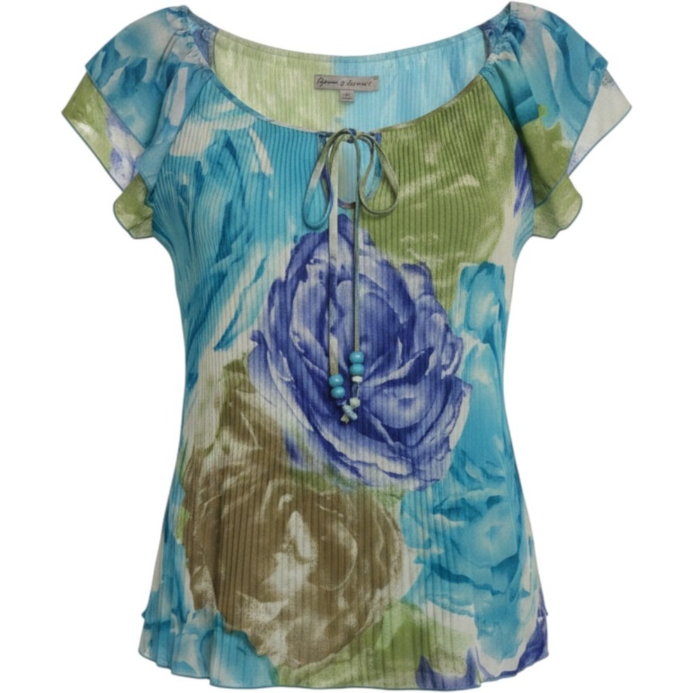 Signature by Larry Levine Floral Flutter Sleeve Pleated Blouse Blue Green Small